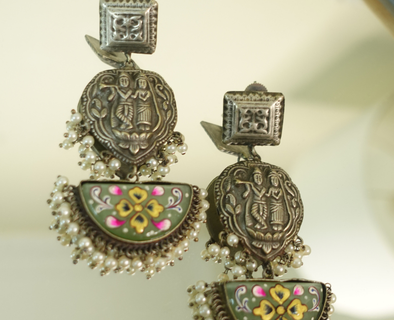 Krishna Radha Motif Oxidised Earrings