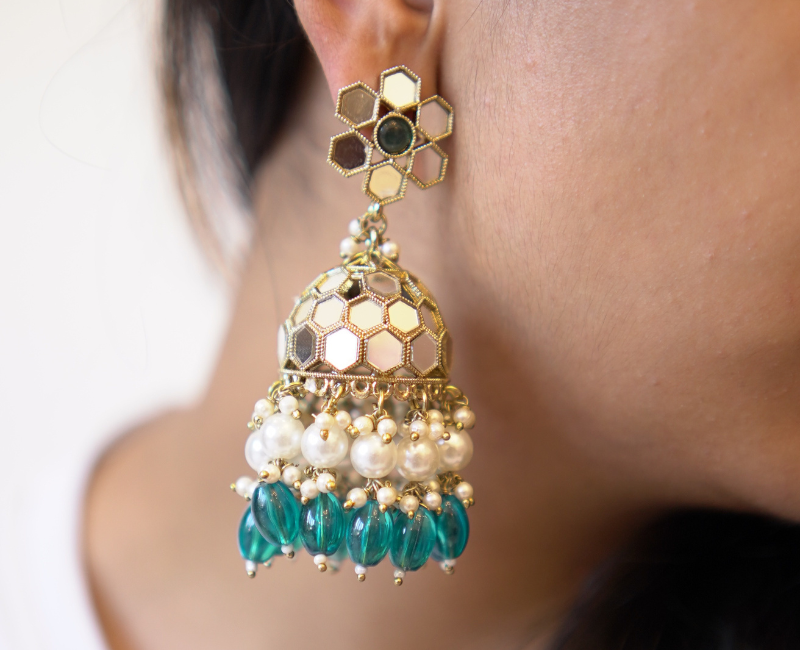 Mirror Work Jhumkas with Pearl Drops in White and Teal Blue